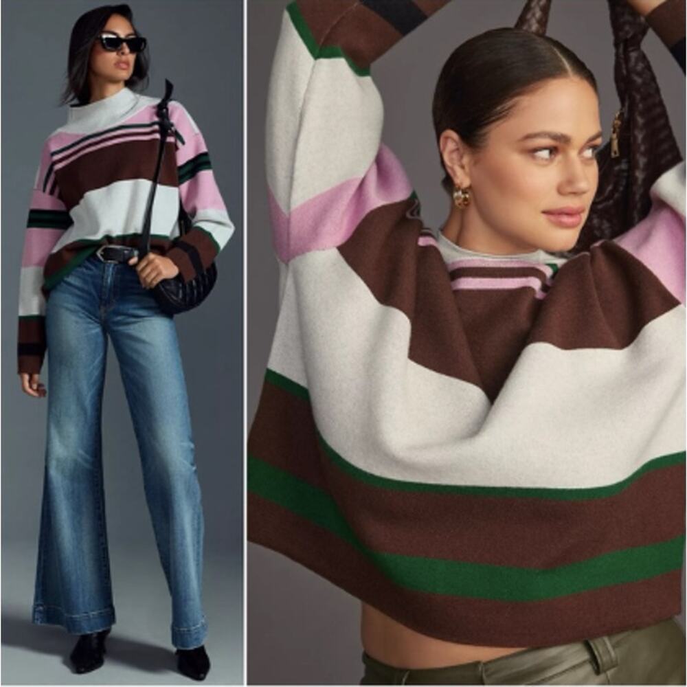 Maeve Anthropologie Carys Mock Neck Sweater Stripe Women Size XL